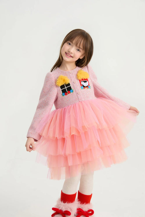 Poco Blush Bird at the Window Mesh Tweed Dress