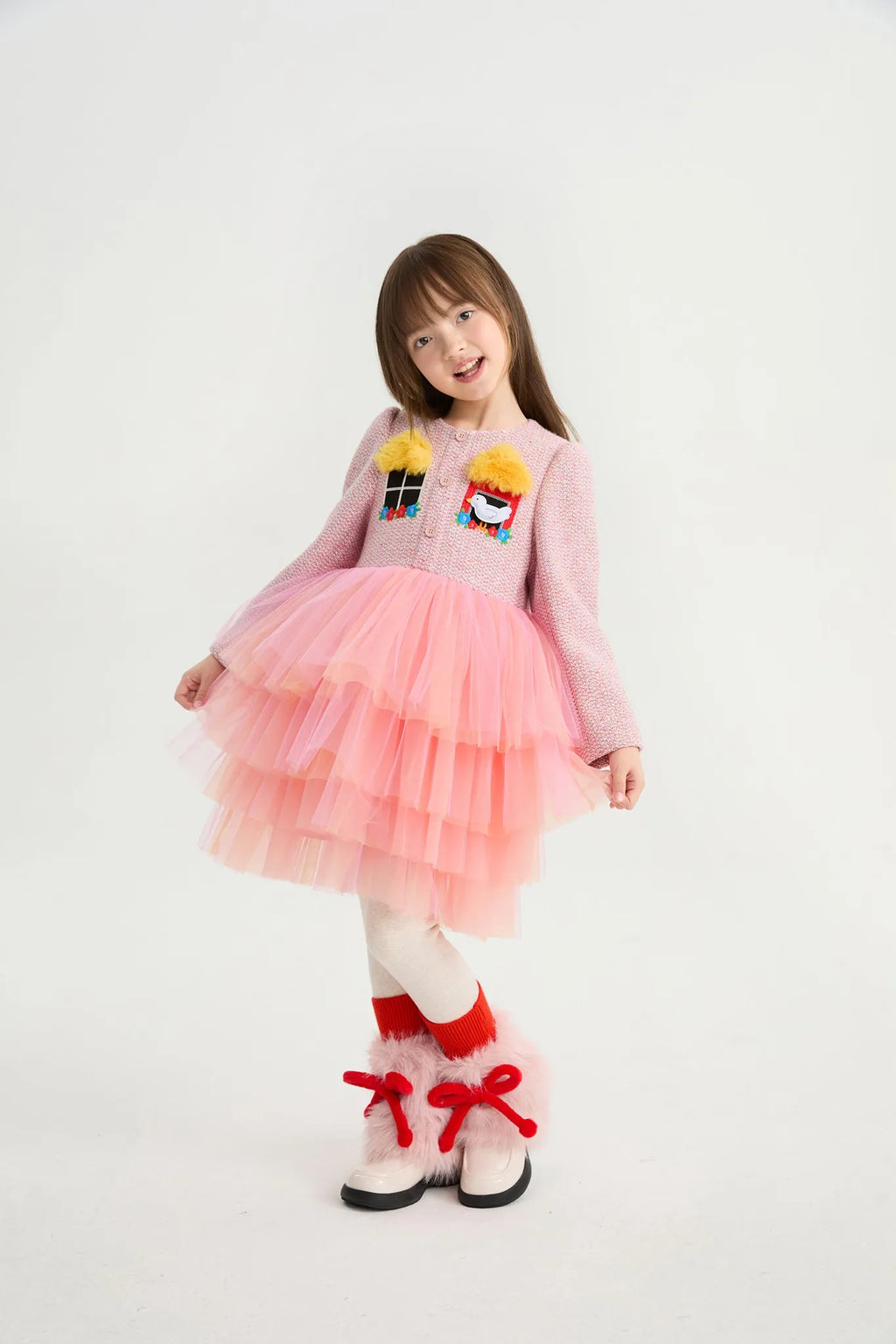 Poco Blush Bird at the Window Mesh Tweed Dress