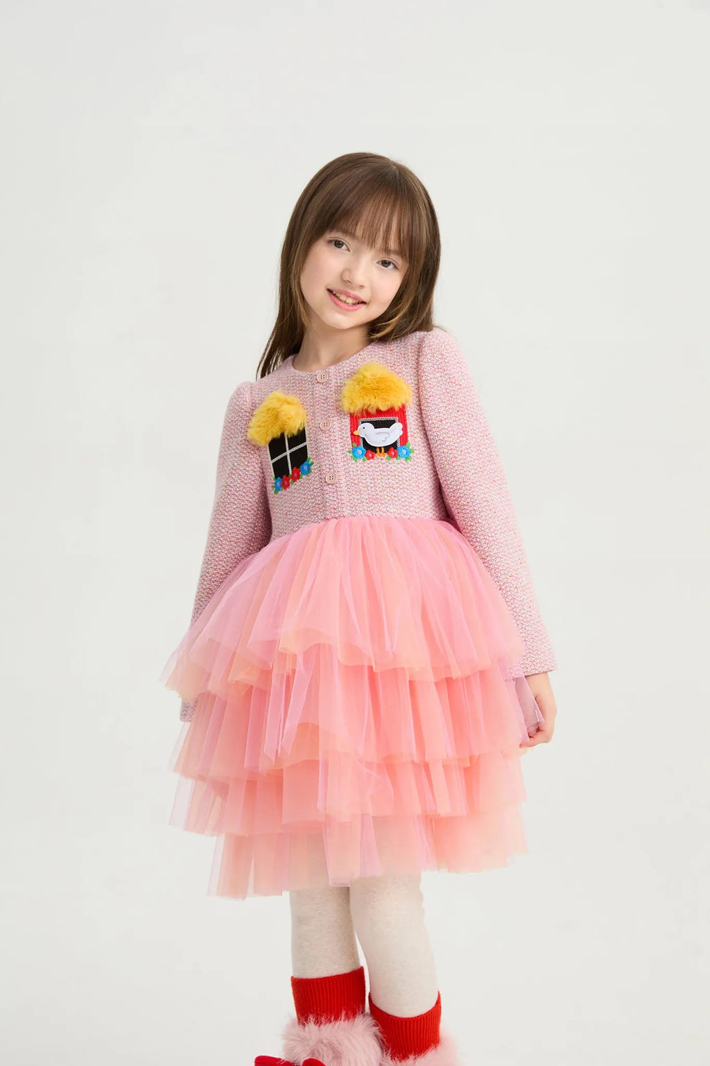 Poco Blush Bird at the Window Mesh Tweed Dress