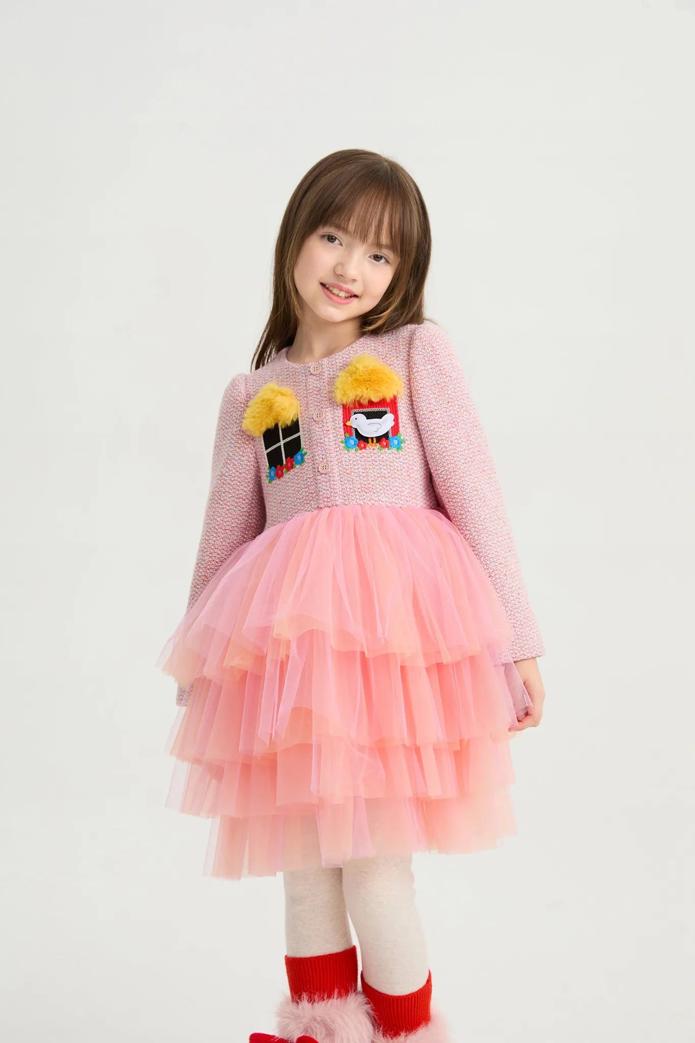 Poco Blush Bird at the Window Mesh Tweed Dress