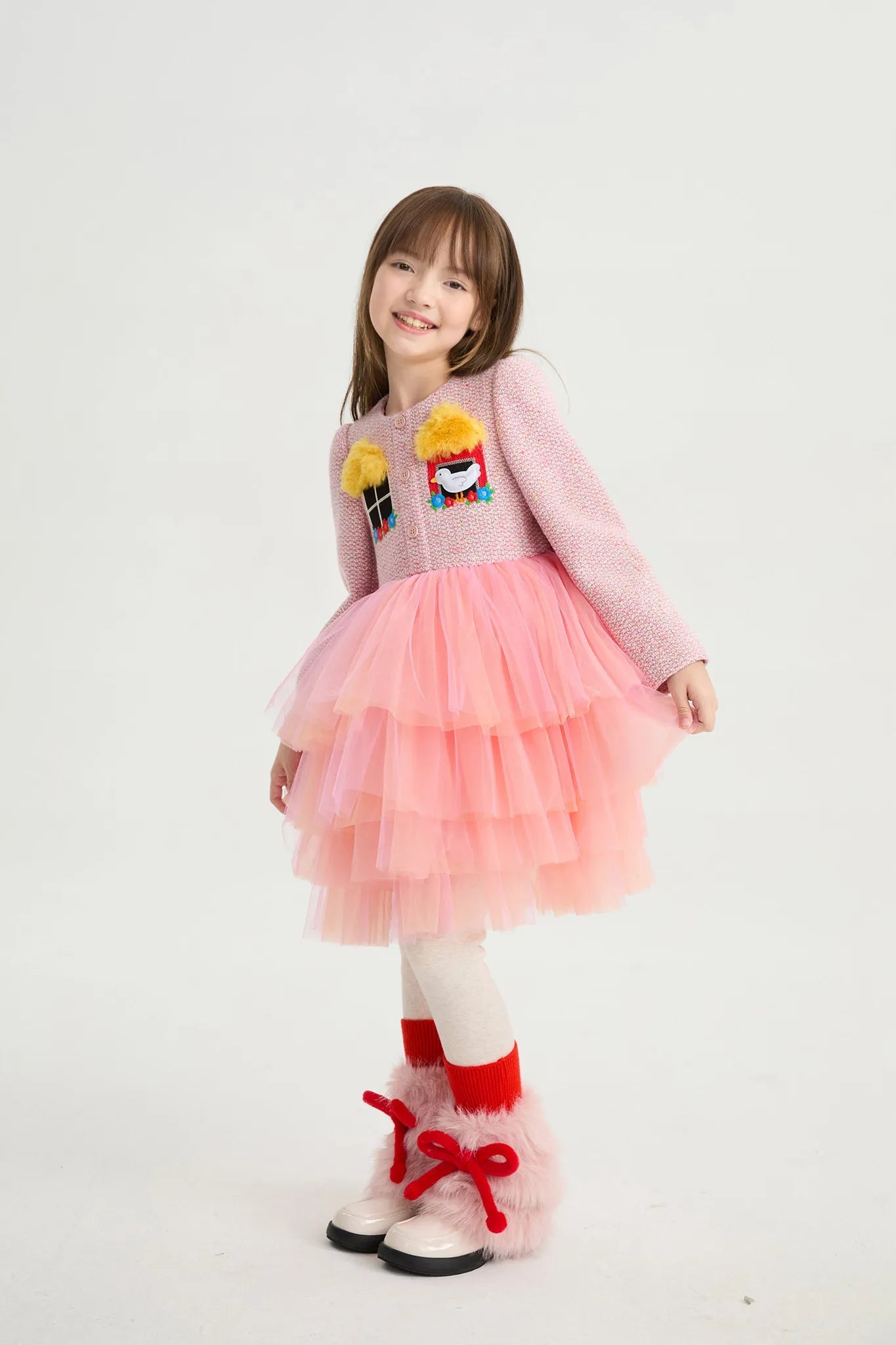 Poco Blush Bird at the Window Mesh Tweed Dress