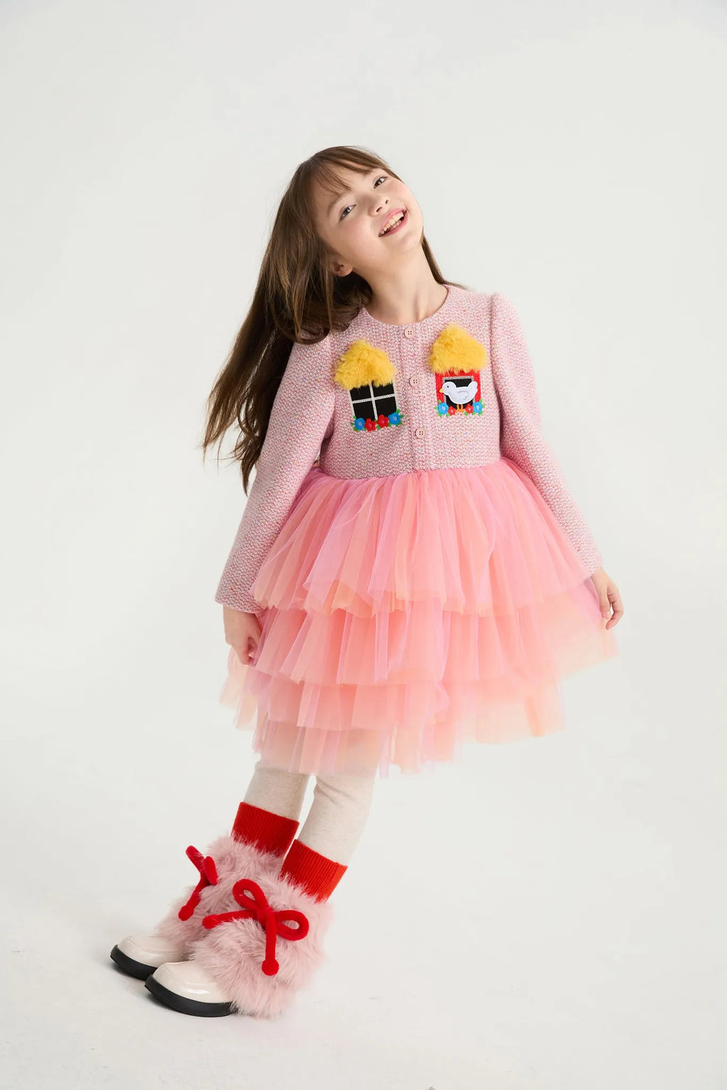 Poco Blush Bird at the Window Mesh Tweed Dress