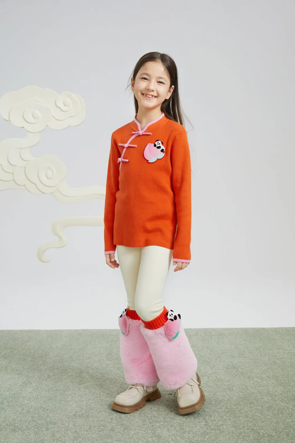 Poco Blush Panda & Peach Chinese-Style Knit Sweater