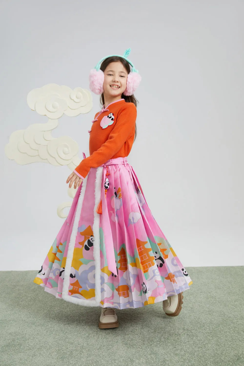 Poco Blush Chinese-Style Ma-Mian Skirt with Gold Embroidery