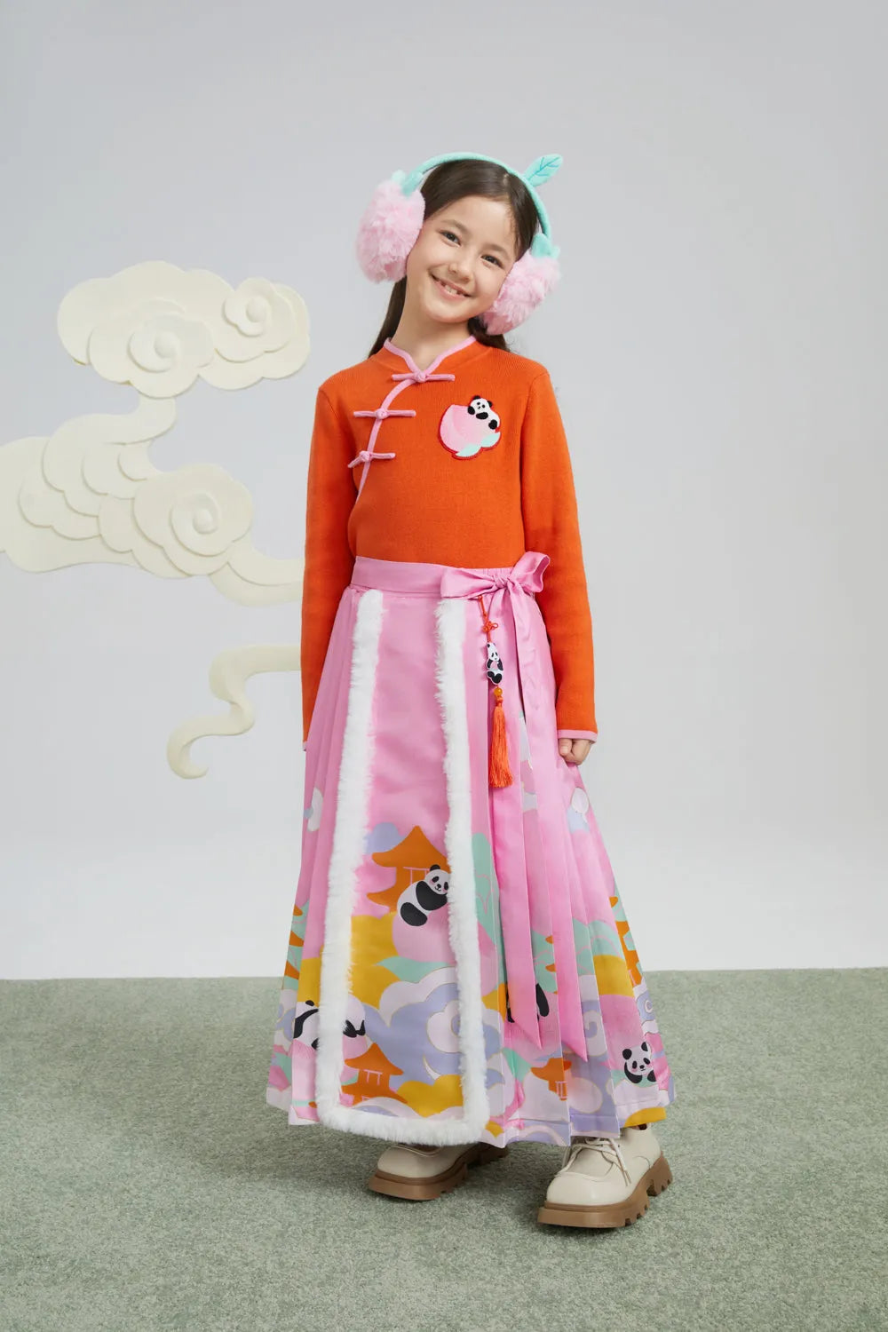 Poco Blush Panda & Peach Chinese-Style Knit Sweater