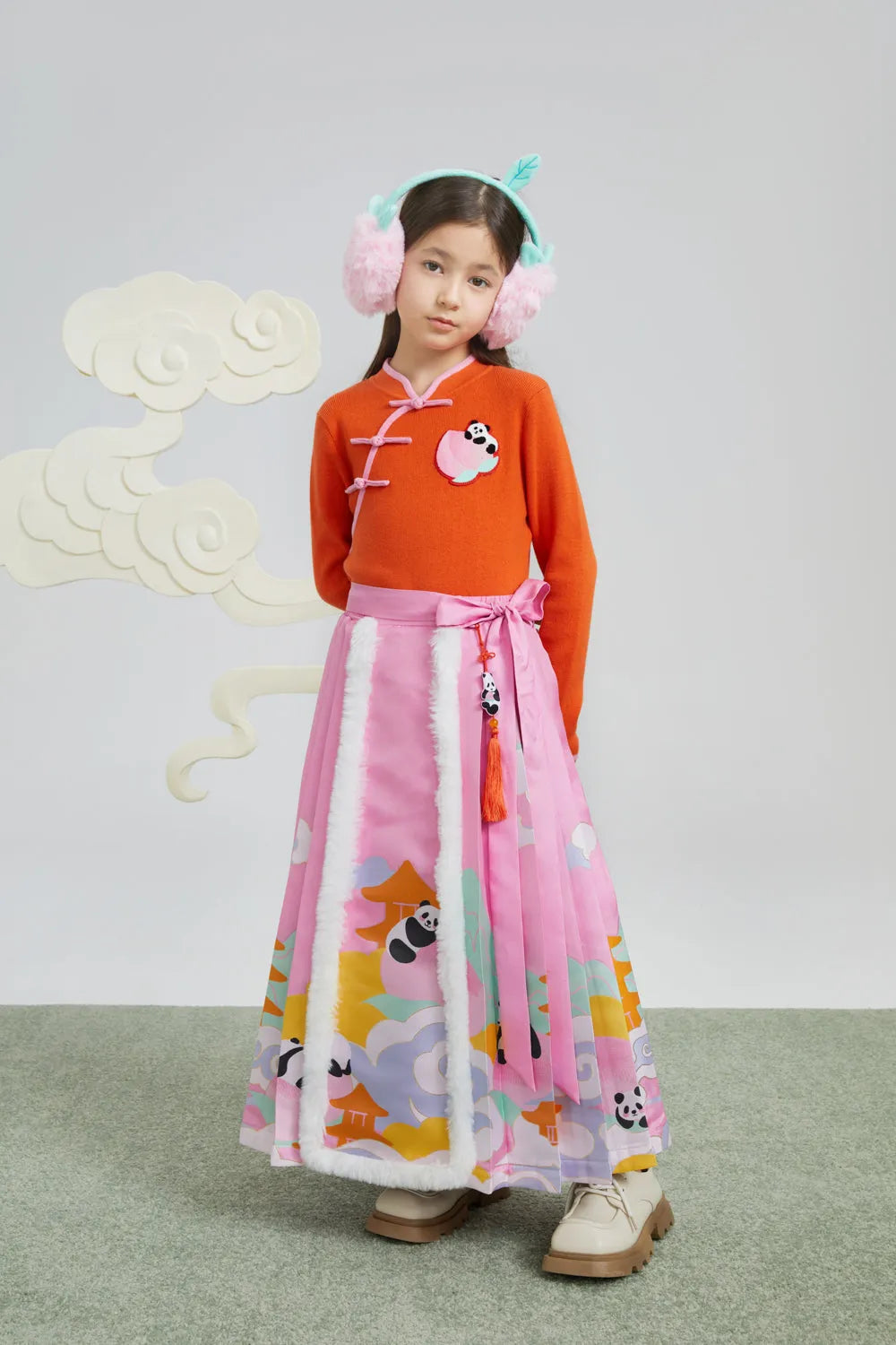 Poco Blush Chinese-Style Ma-Mian Skirt with Gold Embroidery
