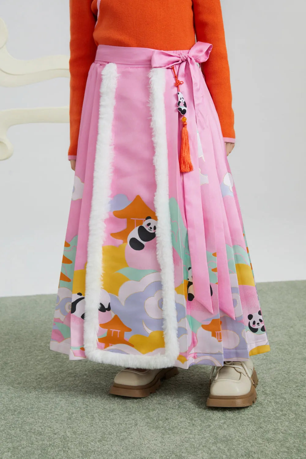 Poco Blush Chinese-Style Ma-Mian Skirt with Gold Embroidery