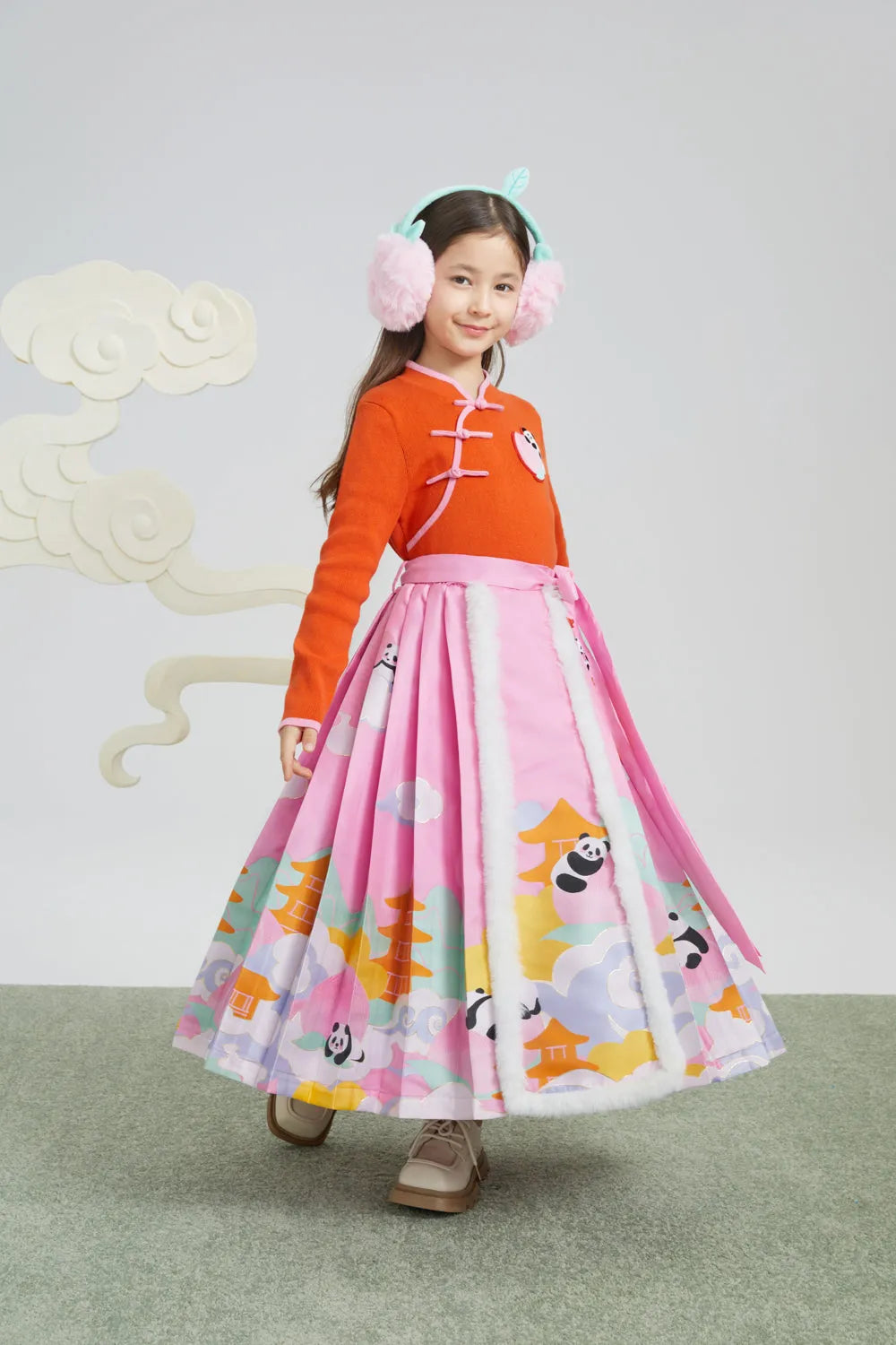Poco Blush Chinese-Style Ma-Mian Skirt with Gold Embroidery