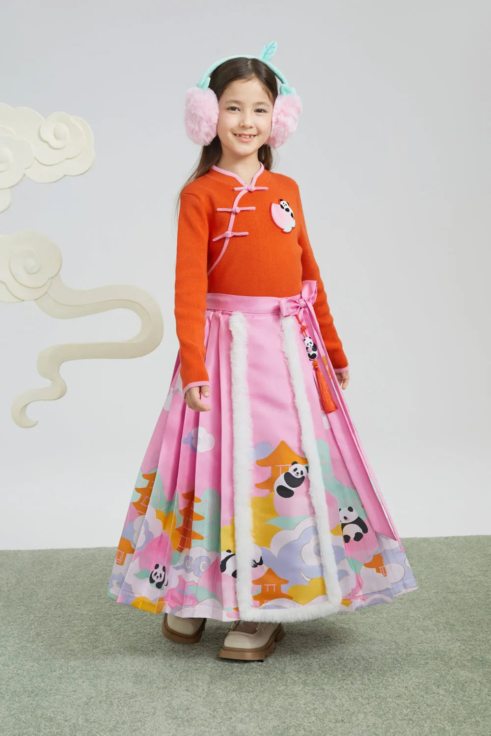 Poco Blush Chinese-Style Ma-Mian Skirt with Gold Embroidery