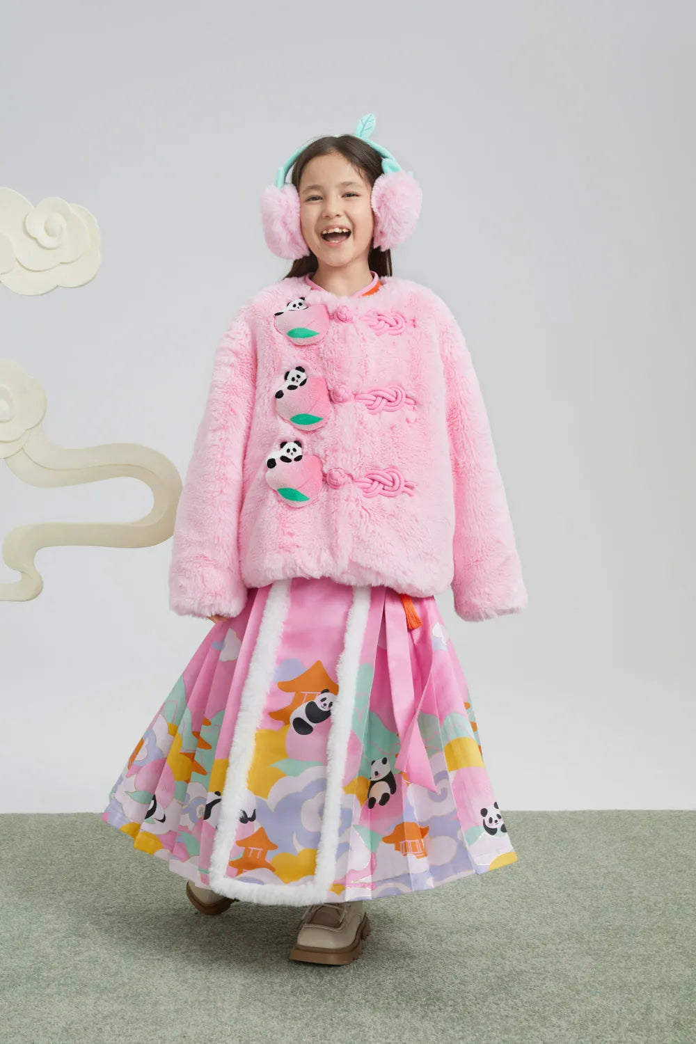 Poco Blush Faux-Fur Chinese-Style Jacket with Panda Frog Buttons