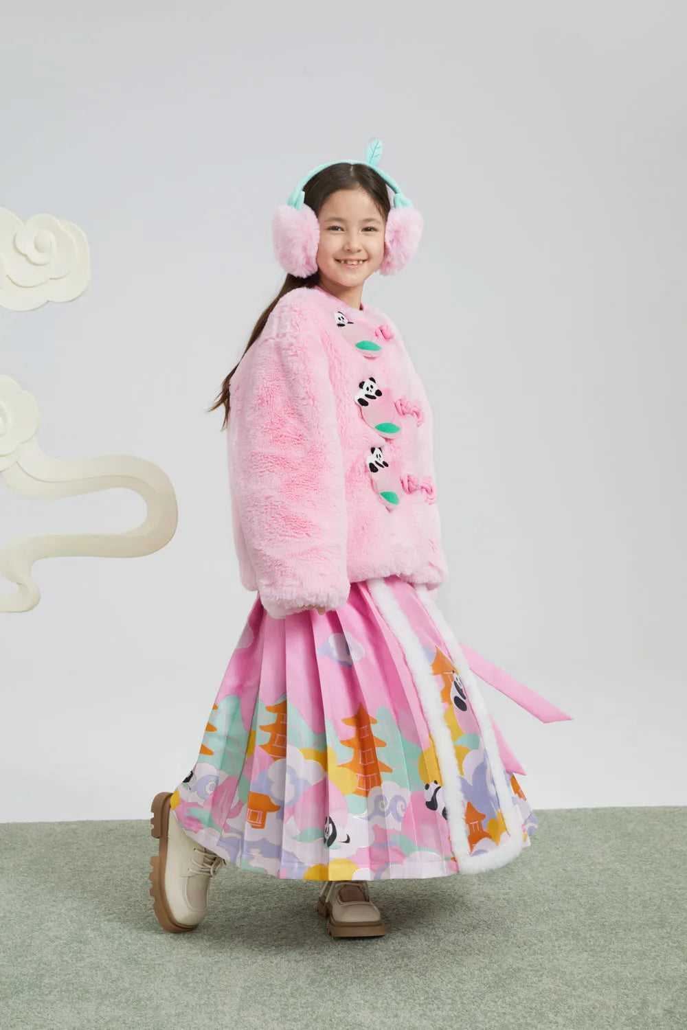 Poco Blush Chinese-Style Ma-Mian Skirt with Gold Embroidery
