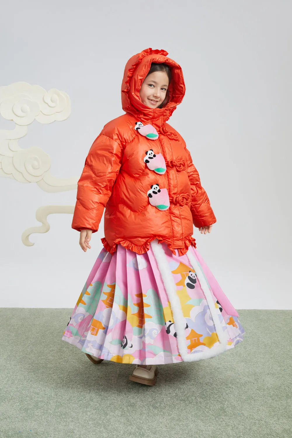 Poco Blush Chinese-Style Ma-Mian Skirt with Gold Embroidery