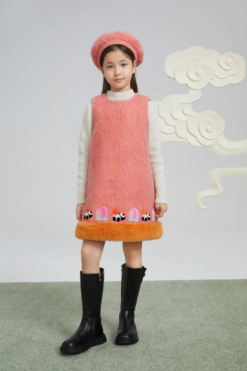 Poco Blush Panda and Peach Embroidered Wool-Blend Dress