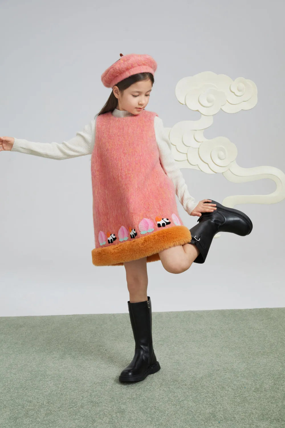 Poco Blush Panda and Peach Embroidered Wool-Blend Dress