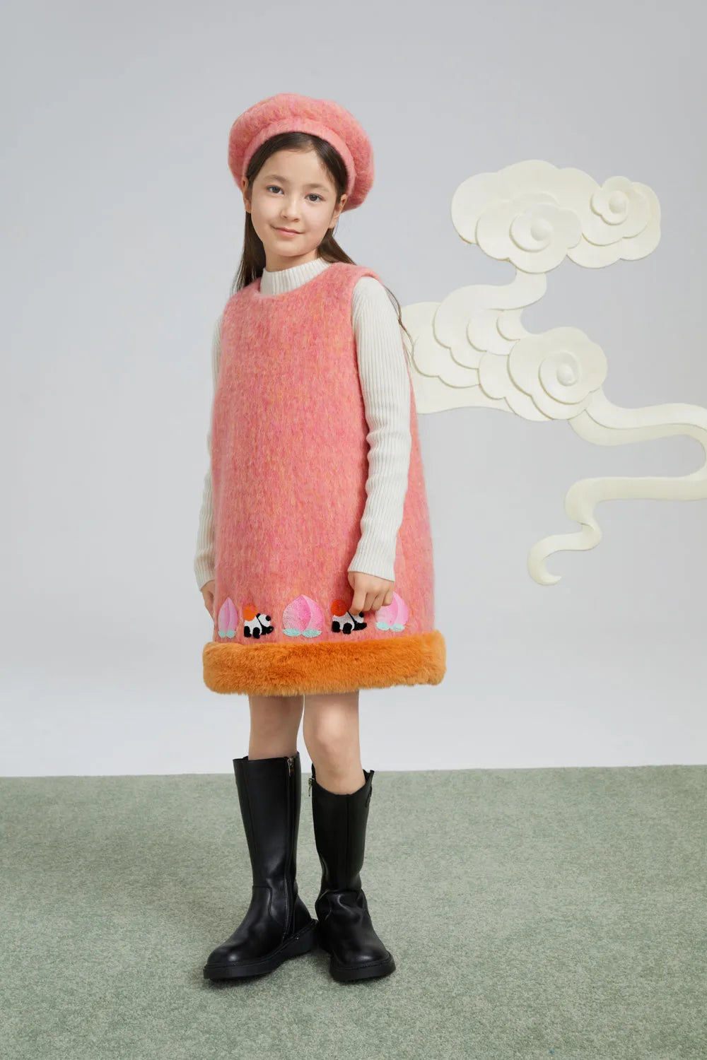 Poco Blush Panda and Peach Embroidered Wool-Blend Dress