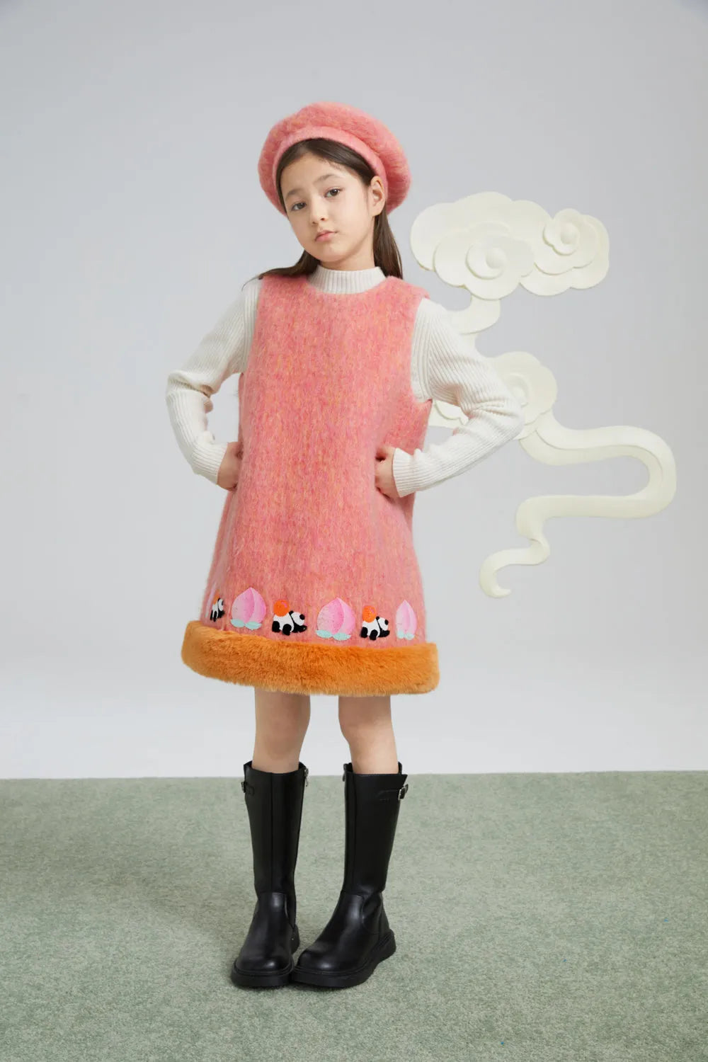 Poco Blush Panda and Peach Embroidered Wool-Blend Dress