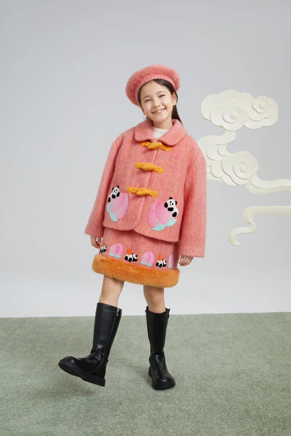Poco Blush Panda and Peach Embroidered Wool-Blend Coat