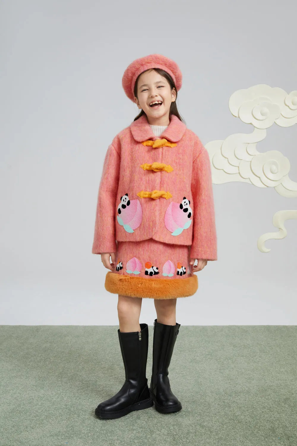 Poco Blush Panda and Peach Embroidered Wool-Blend Coat