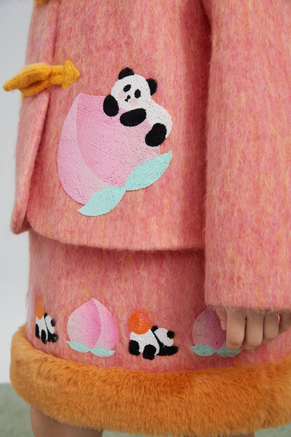 Poco Blush Panda and Peach Embroidered Wool-Blend Coat