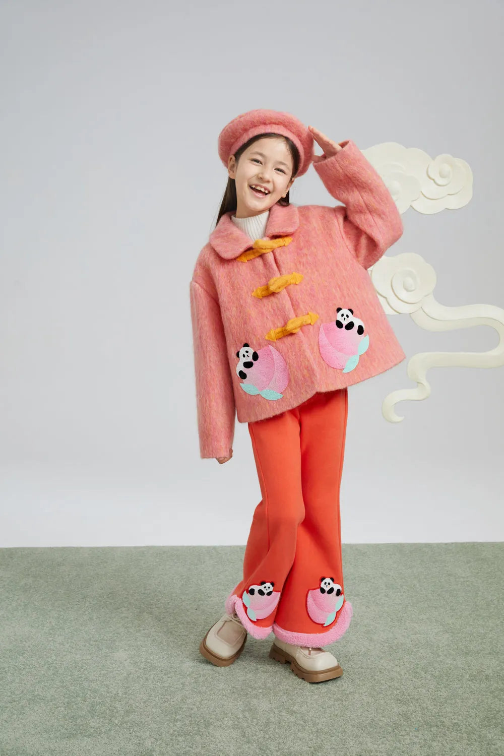 Poco Blush Panda and Peach Embroidered Wool-Blend Coat