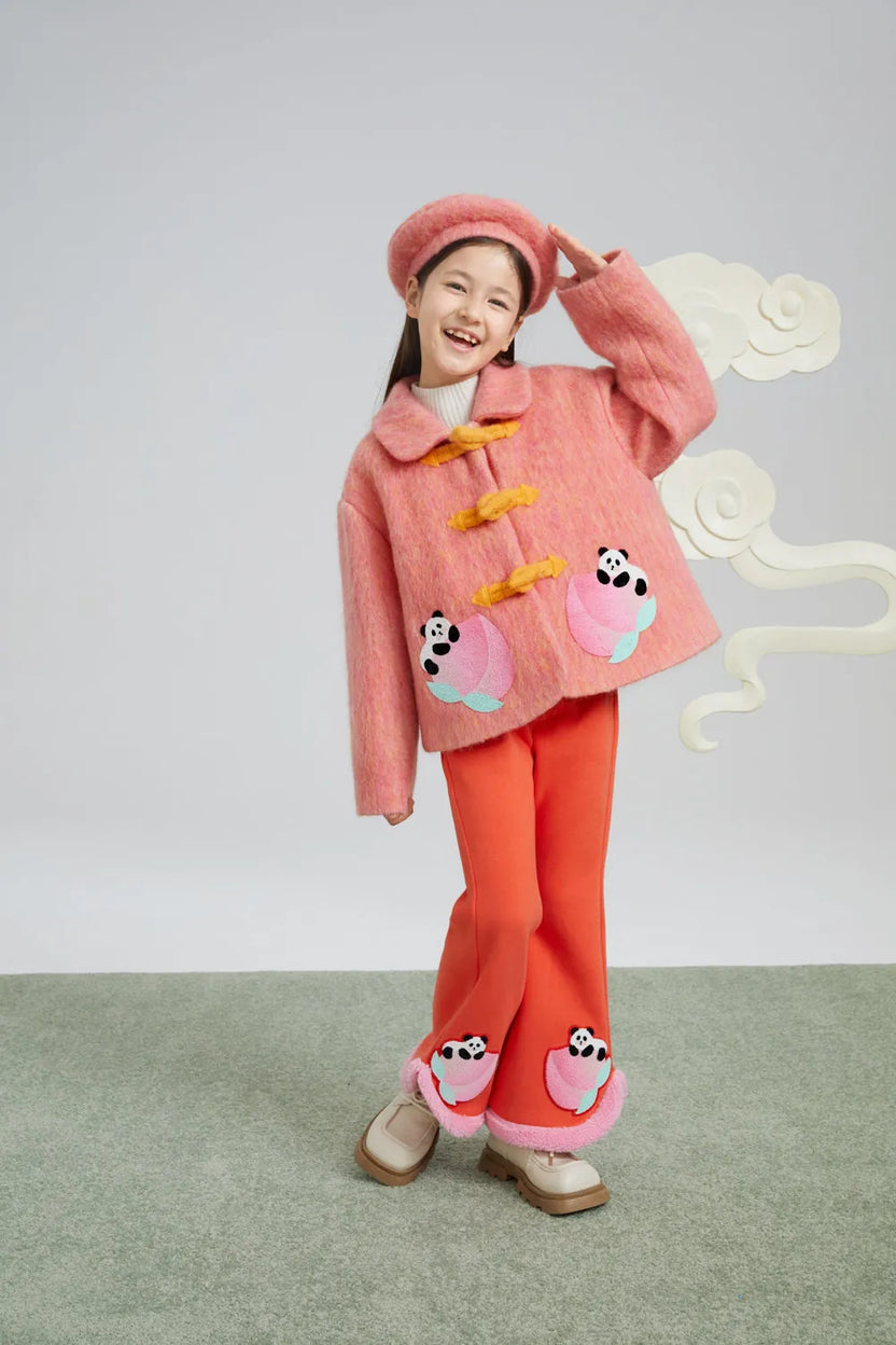 Panda and Peach Embroidered Wool-Blend Coat by Poco Blush, image 5