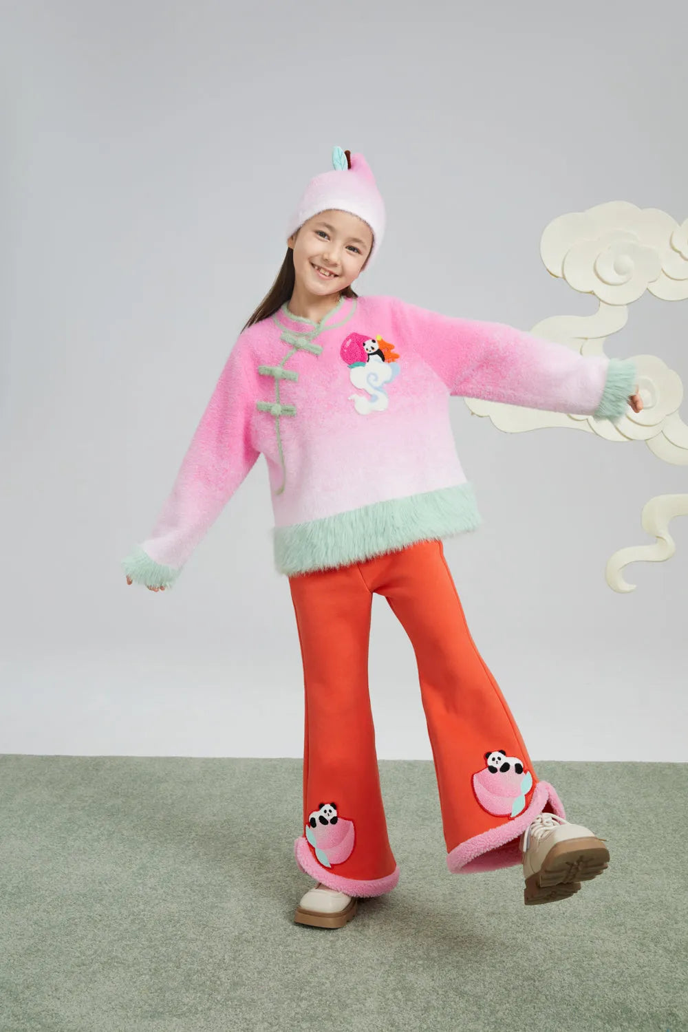 Poco Blush Girls Flared Warm-Fleece Pants – Peach Glow