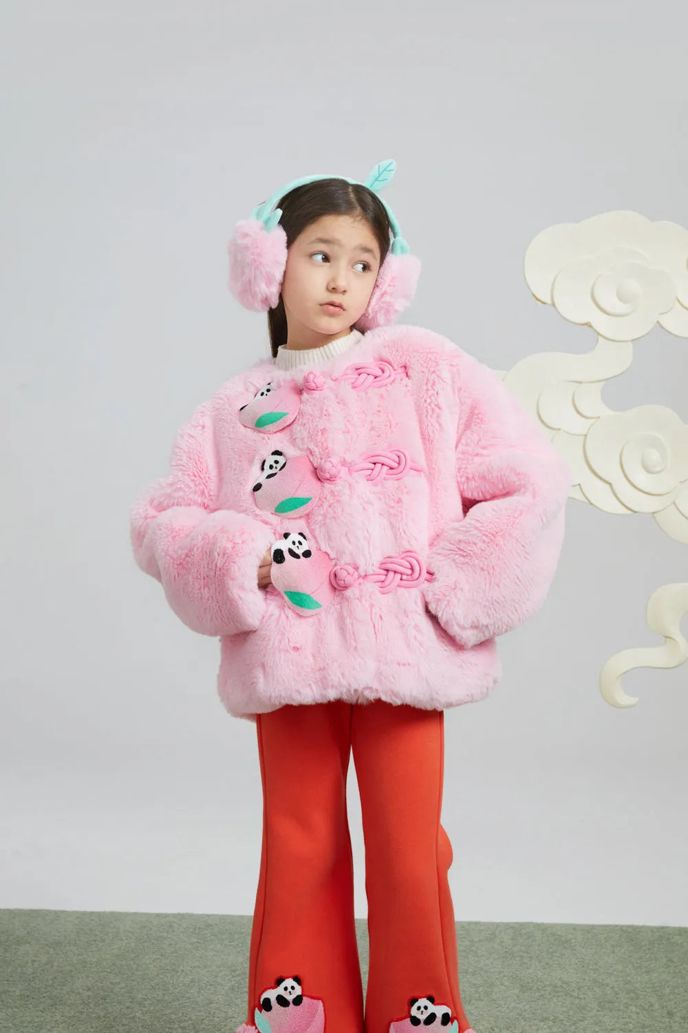 Poco Blush Faux-Fur Chinese-Style Jacket with Panda Frog Buttons