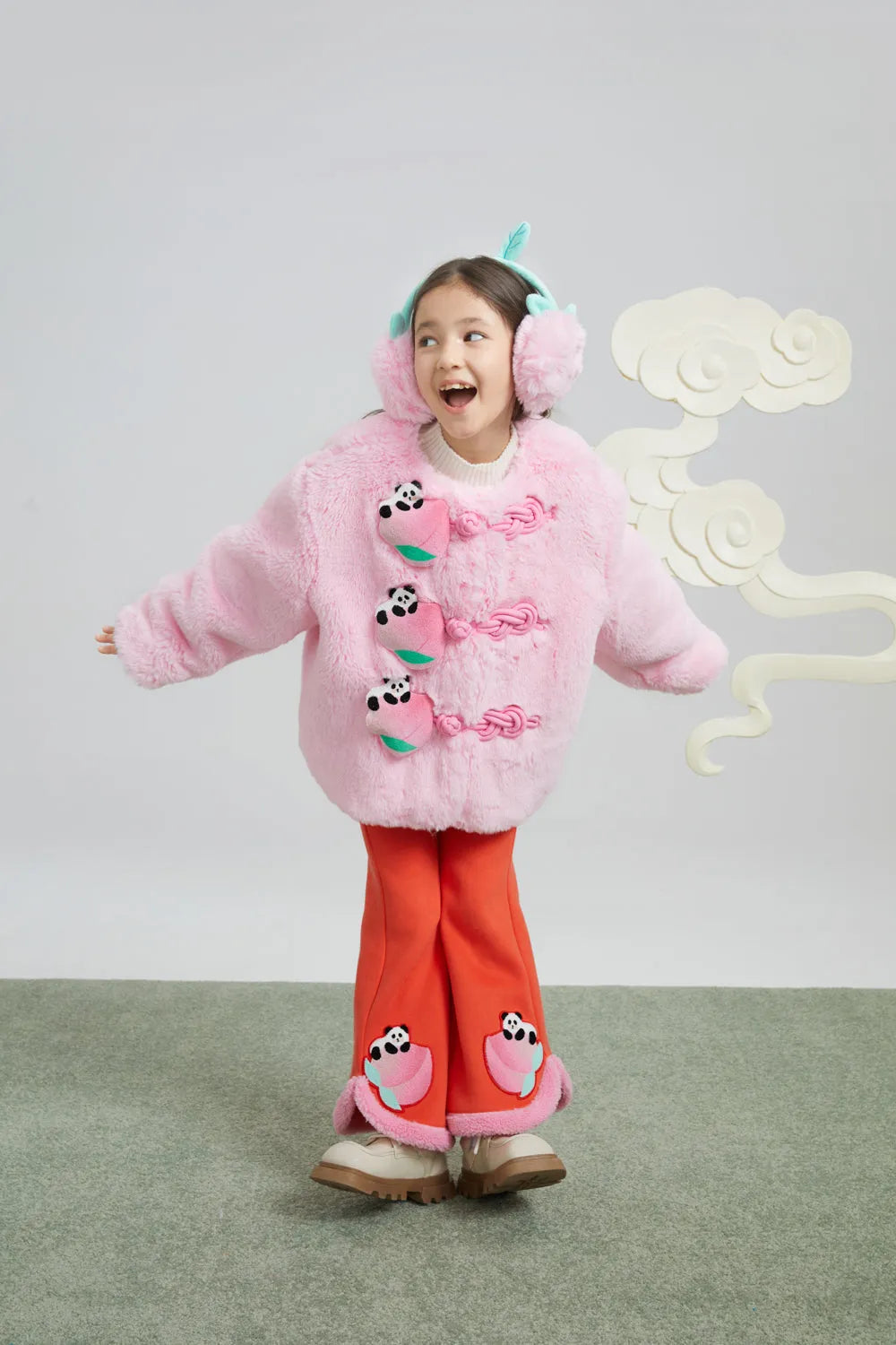 Poco Blush Faux-Fur Chinese-Style Jacket with Panda Frog Buttons