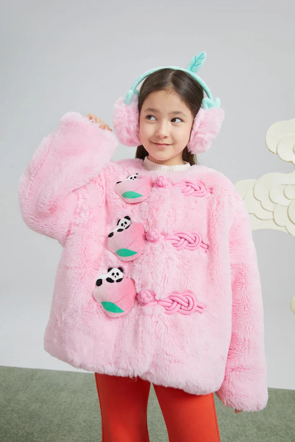 Poco Blush Faux-Fur Chinese-Style Jacket with Panda Frog Buttons