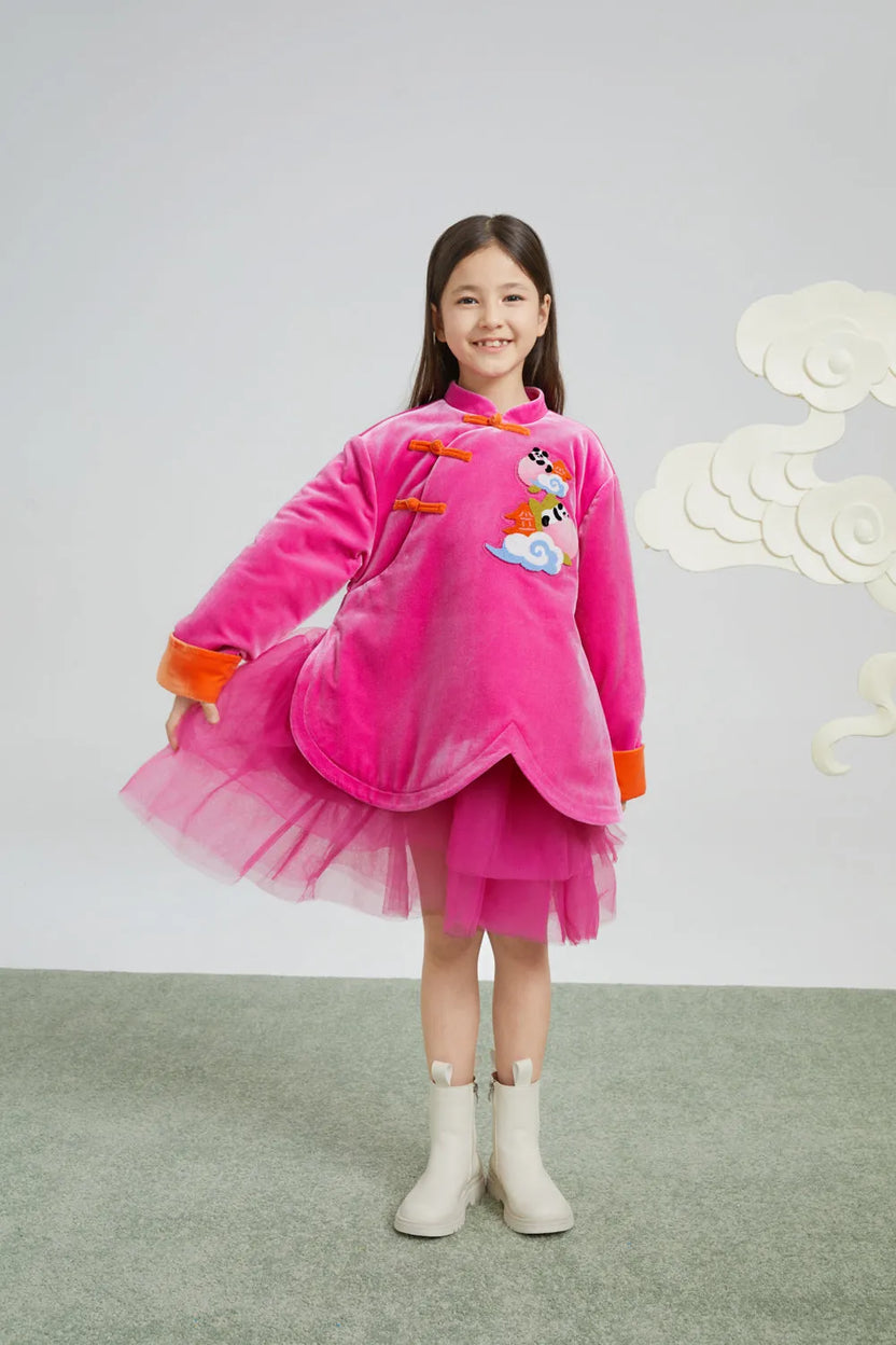 Peach Glow Chinese-Style Velvet Dress by Poco Blush, image 2