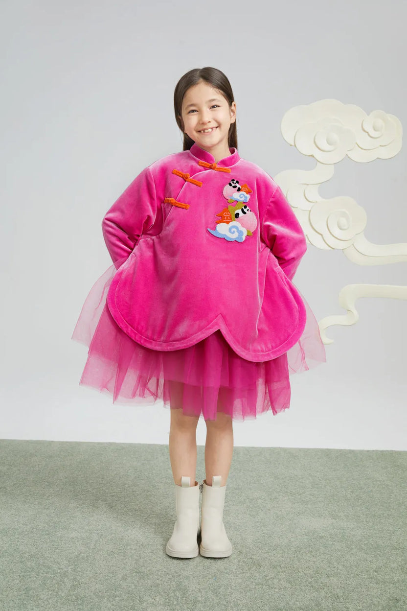 Peach Glow Chinese-Style Velvet Dress by Poco Blush, image 3
