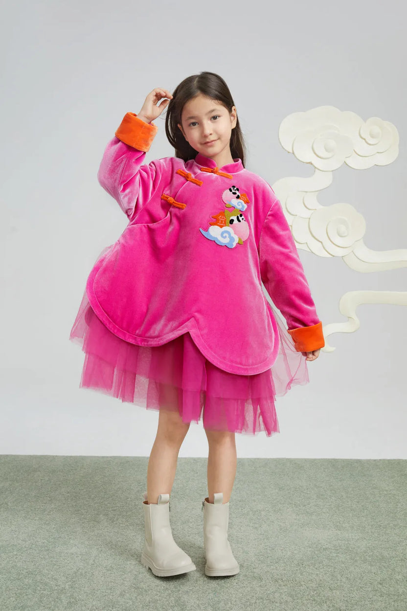 Peach Glow Chinese-Style Velvet Dress by Poco Blush, image 4