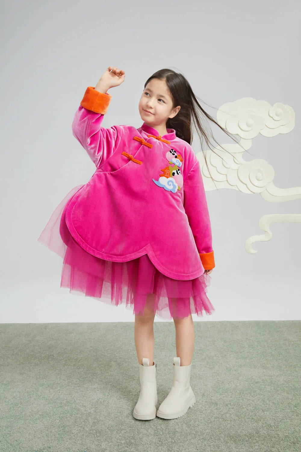 Poco Blush Peach Glow Chinese-Style Velvet Dress