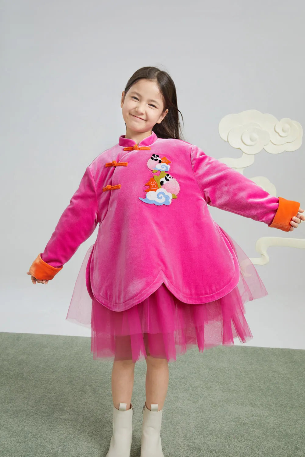 Poco Blush Peach Glow Chinese-Style Velvet Dress