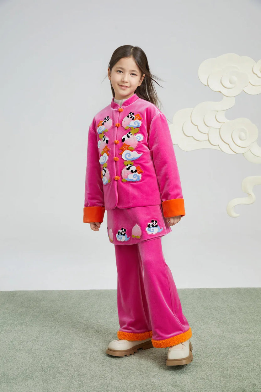 Panda and Peach Embroidered Wrap-Skirt Trousers by Poco Blush, image 4