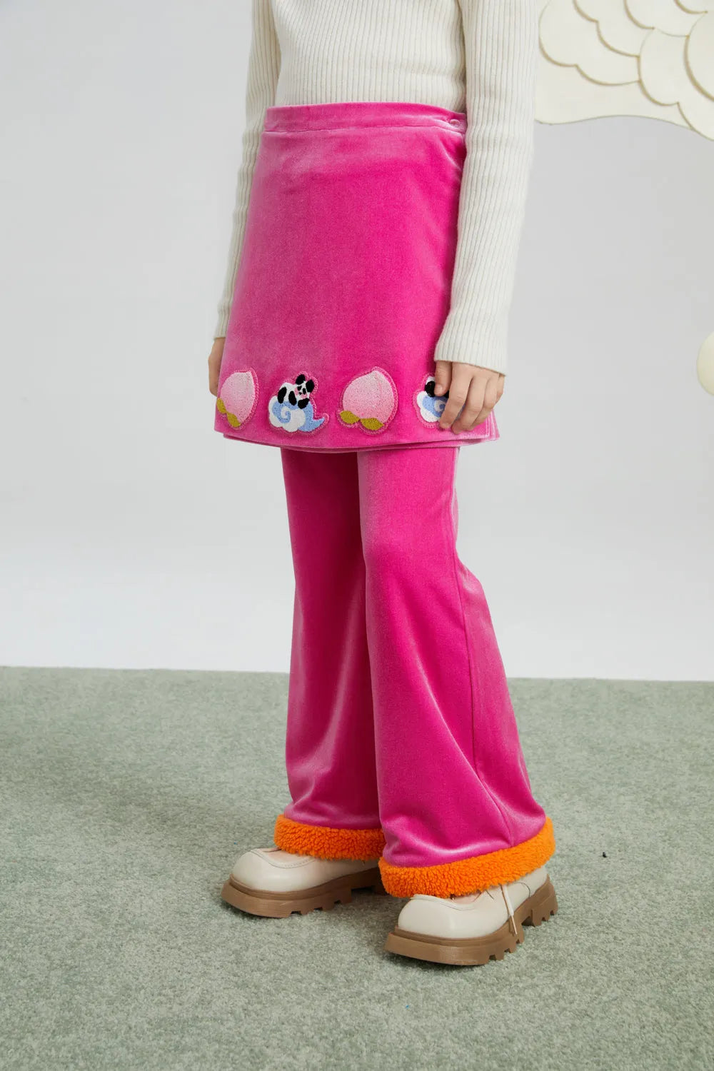 Poco Blush Panda and Peach Embroidered Wrap-Skirt Trousers