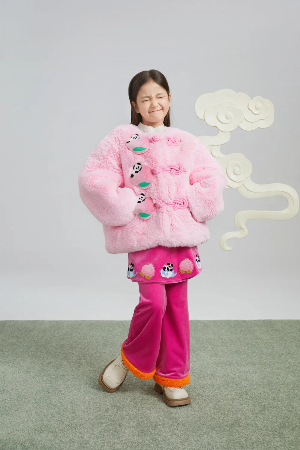 Poco Blush Panda and Peach Embroidered Wrap-Skirt Trousers