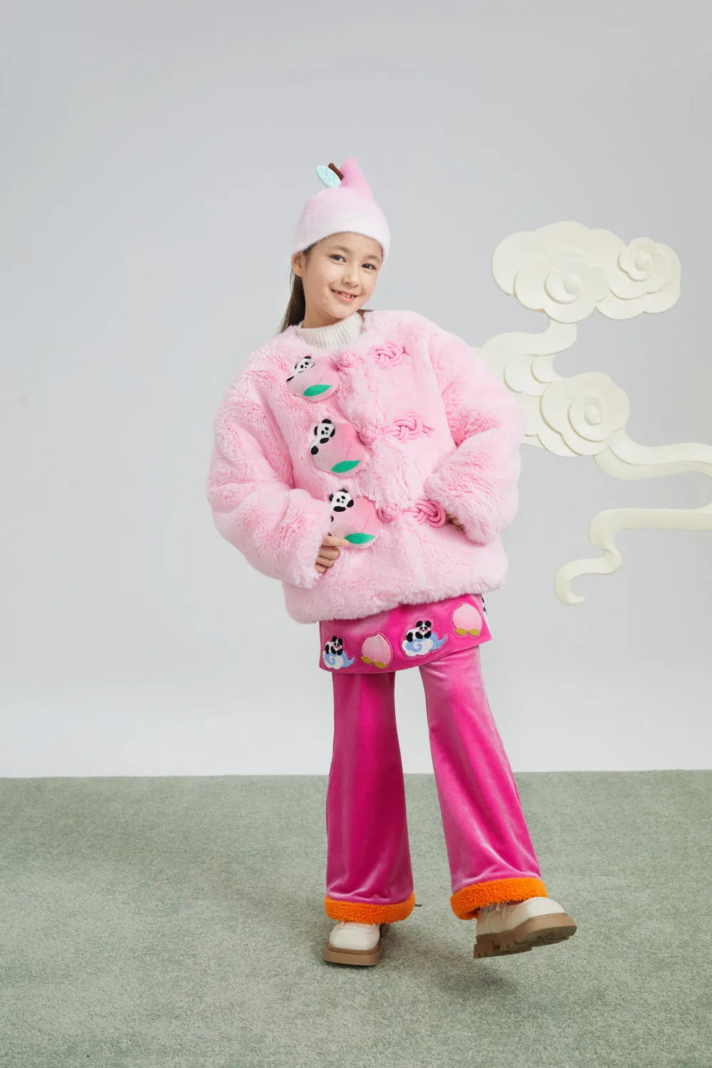 Poco Blush Panda and Peach Embroidered Wrap-Skirt Trousers