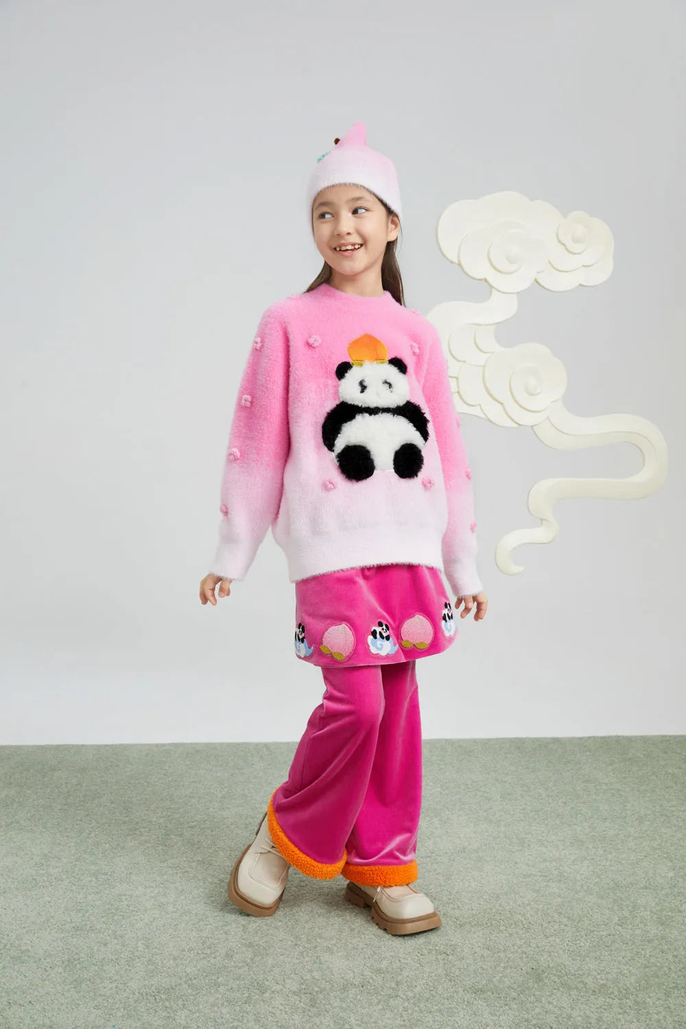 Poco Blush Panda & Peach Ombre Knit Sweater with Embroidered