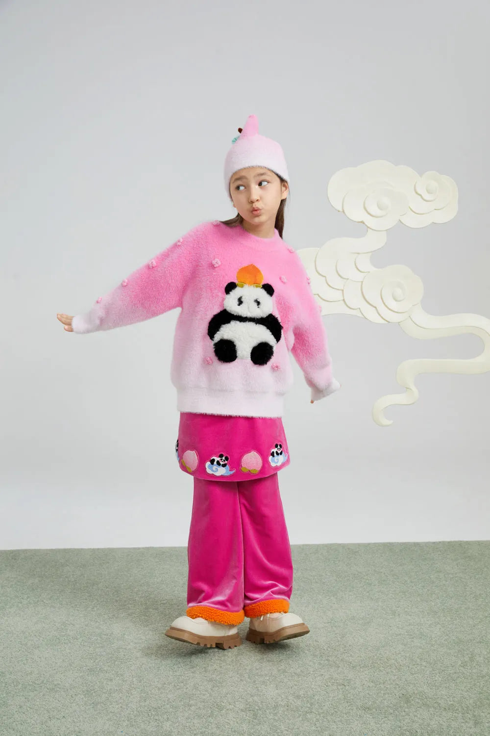 Poco Blush Panda & Peach Ombre Knit Sweater with Embroidered