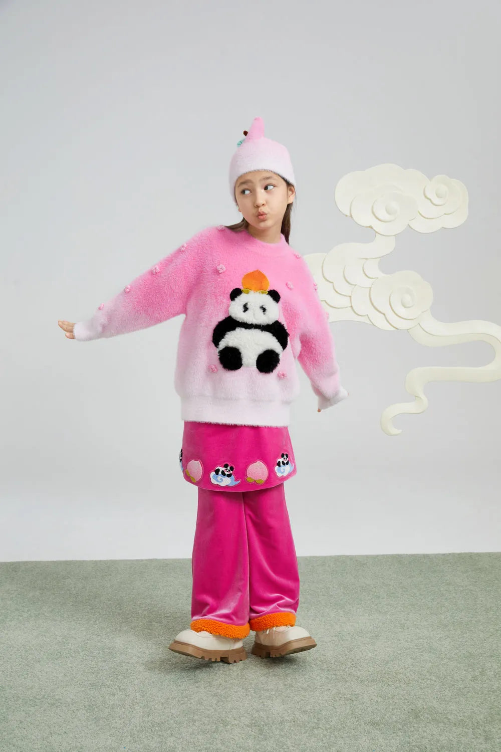 Poco Blush Panda and Peach Embroidered Wrap-Skirt Trousers