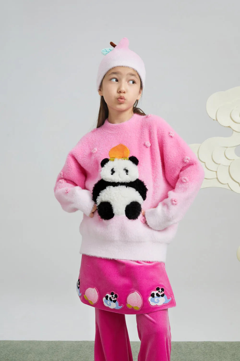 Poco Blush Panda & Peach Ombre Knit Sweater with Embroidered