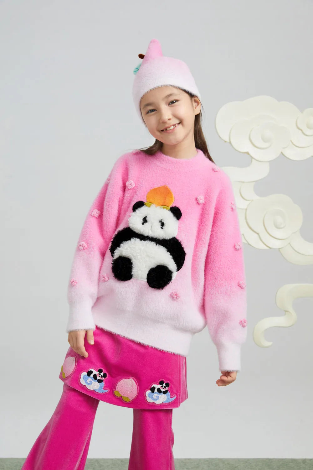 Poco Blush Panda & Peach Ombre Knit Sweater with Embroidered