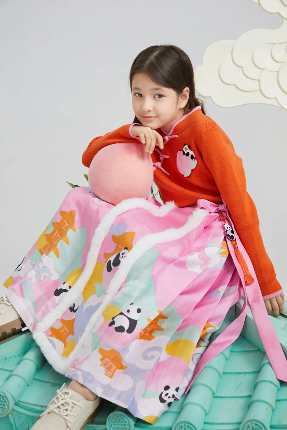 Poco Blush Chinese-Style Ma-Mian Skirt with Gold Embroidery