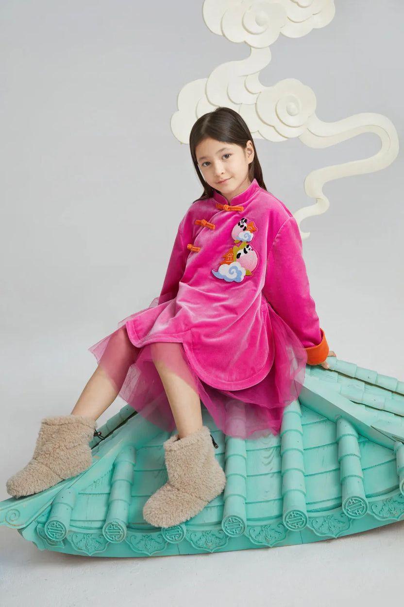 Peach Glow Chinese-Style Velvet Dress by Poco Blush, image 7