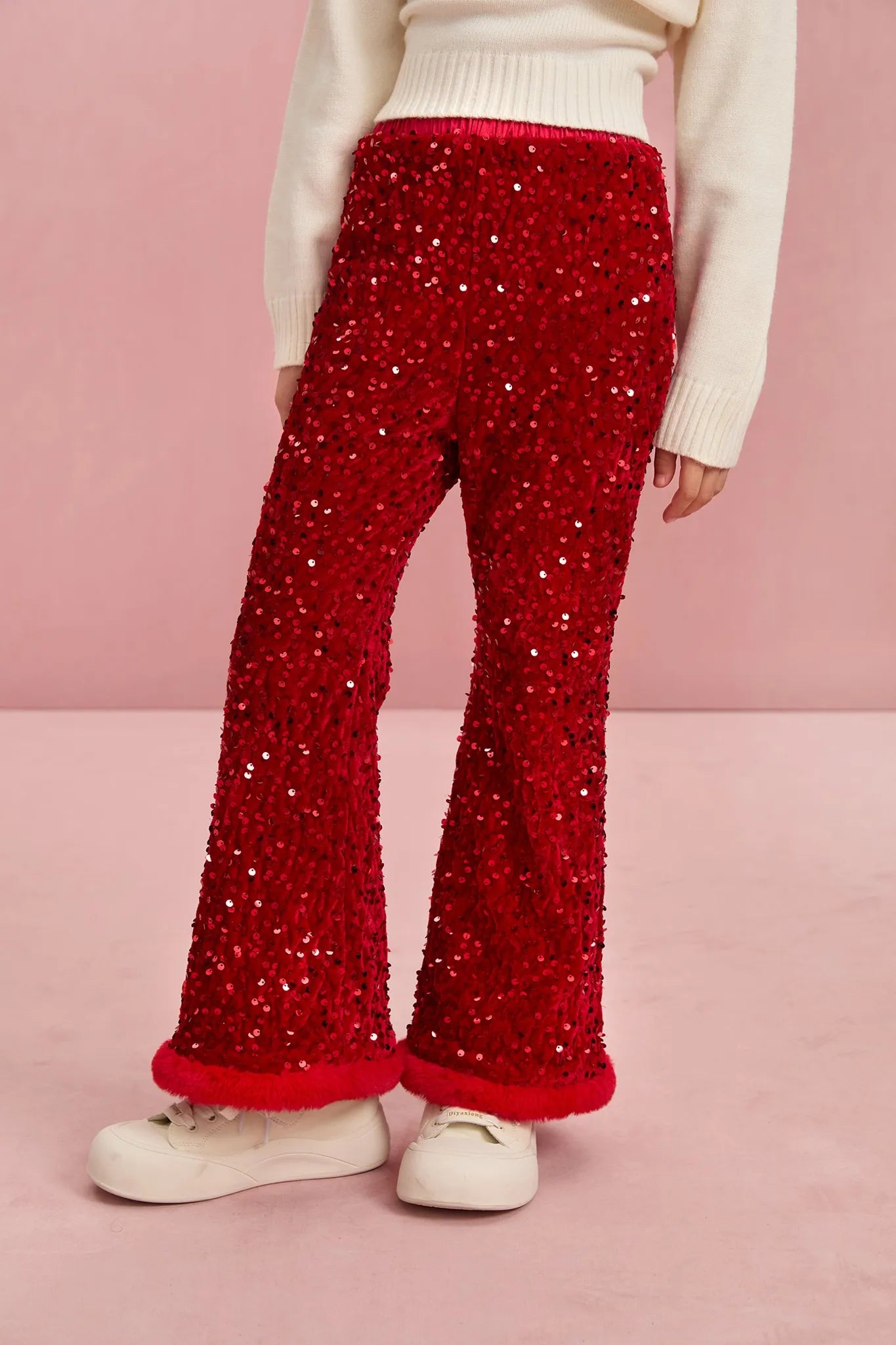 Poco Blush Sequin Velvet Flare Trousers with Plush Hem