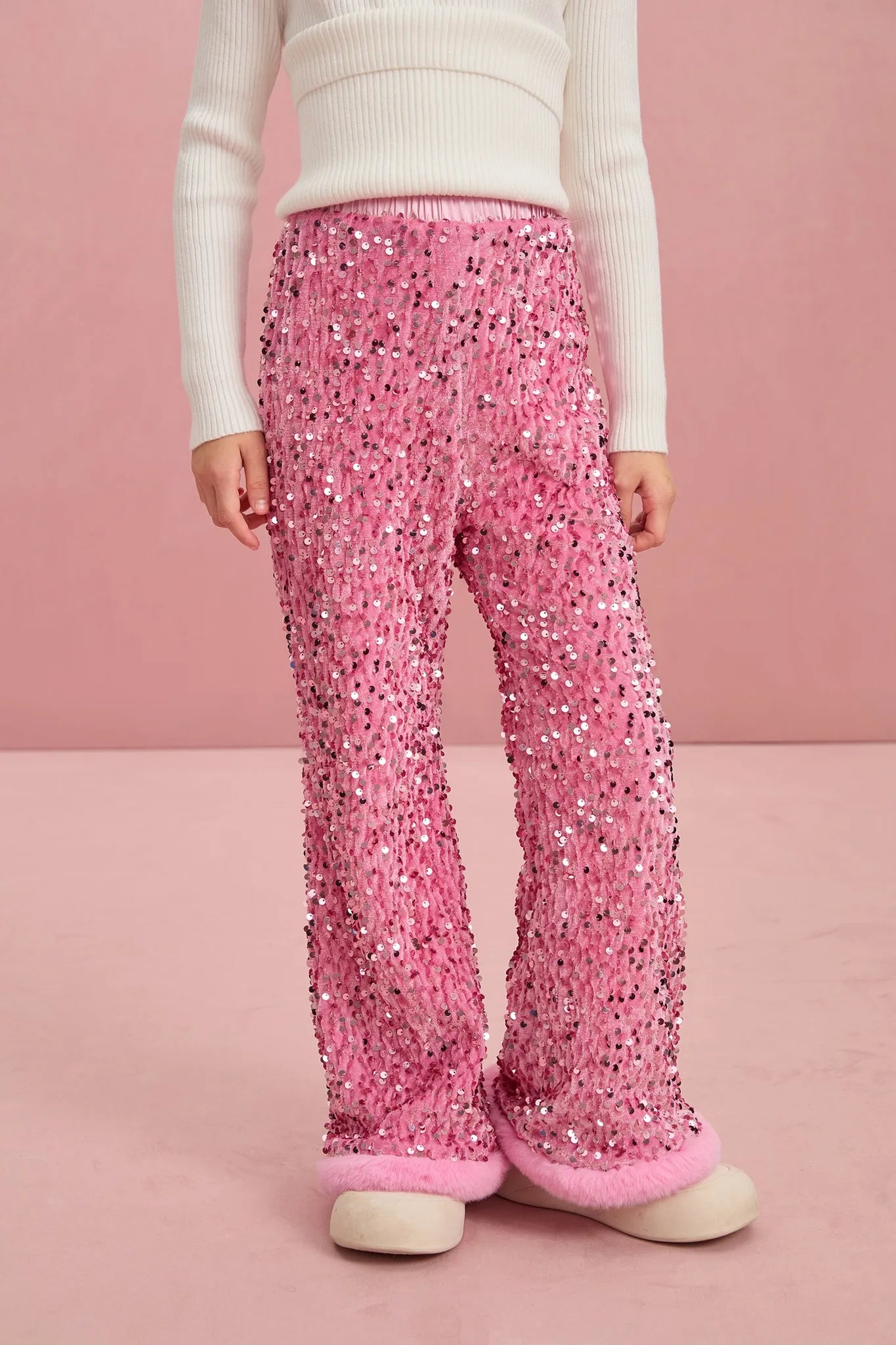 Poco Blush Sequin Velvet Flare Trousers with Plush Hem
