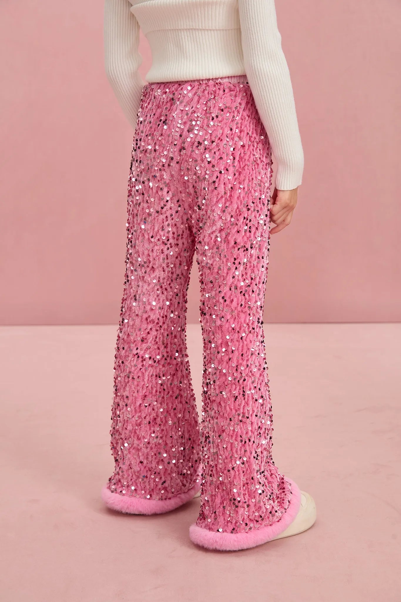 Poco Blush Sequin Velvet Flare Trousers with Plush Hem