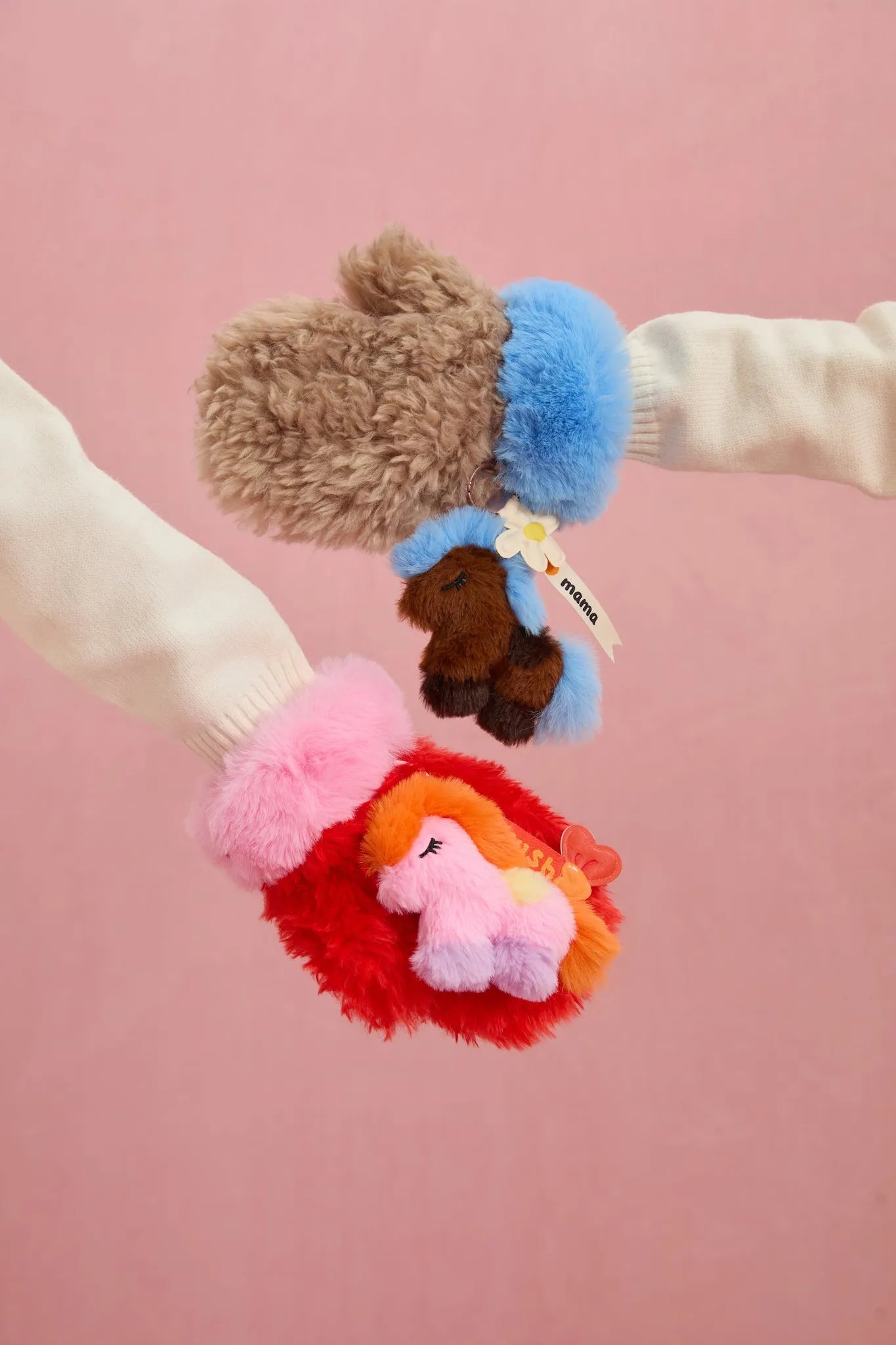 Poco Blush Plush Pony Mittens with Detachable Strap