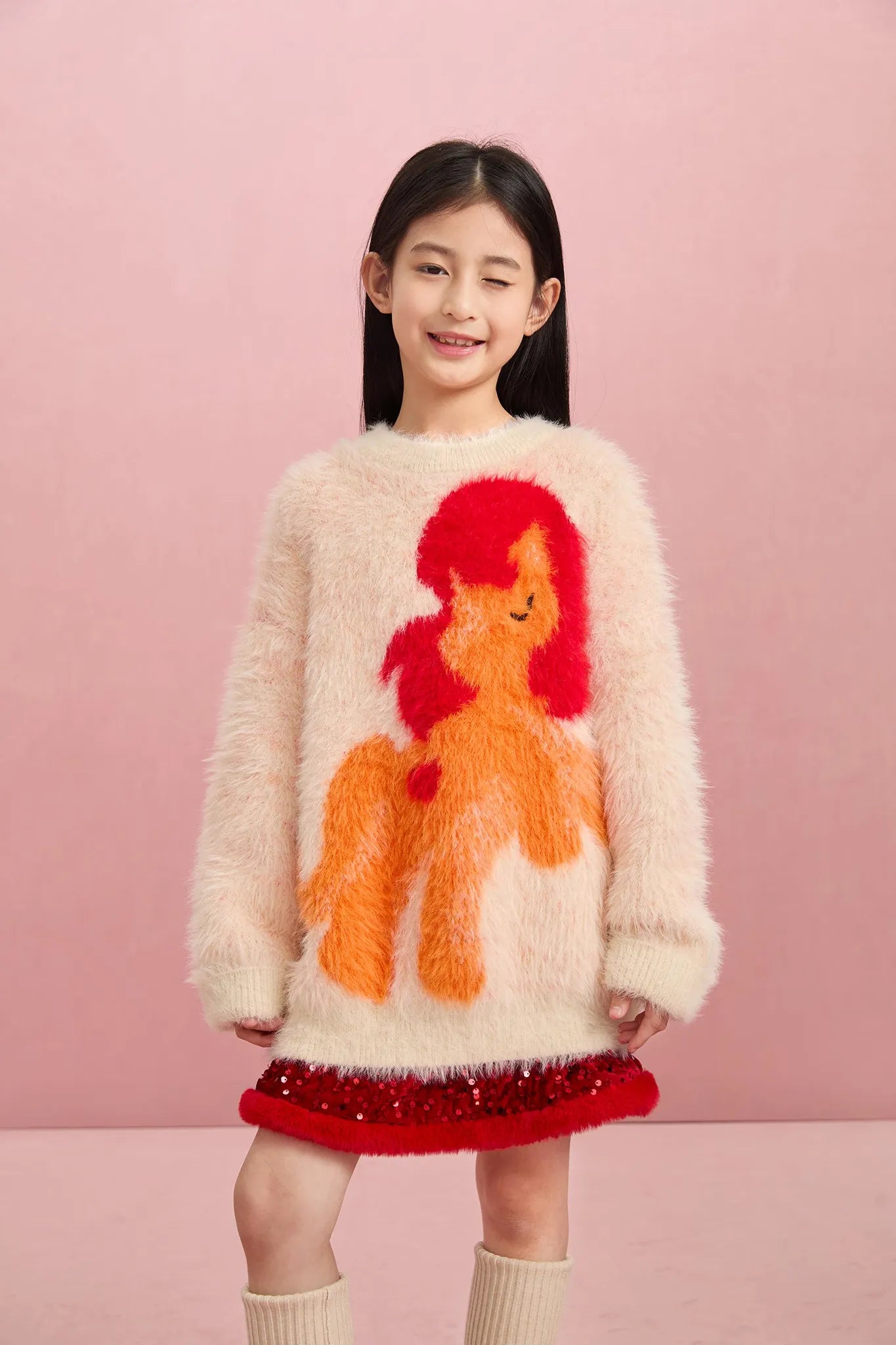 Poco Blush "The Year of Horse" Fluffy Jacquard Pony Sweater